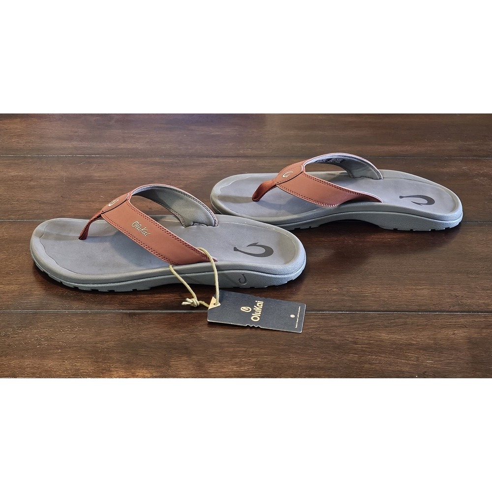 NWT OluKai Ohana Leather Sandals Men's Size 13 Canoe/Rock Beach Flip Flop - Picture 2 of 11